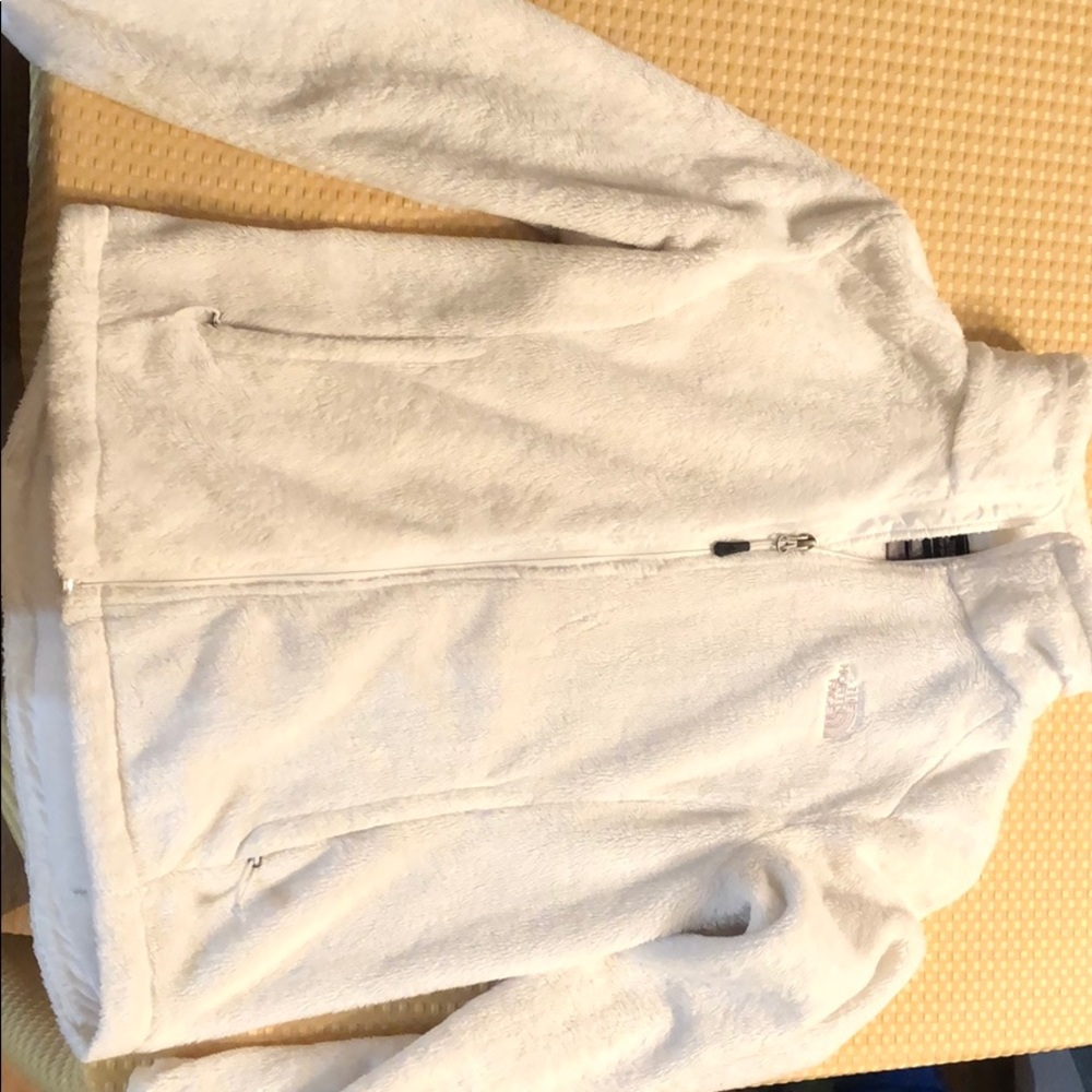 North Face white fuzzy zip up sweatshirt